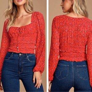 Free People Lolita Peasant Top Womens Red Boho Floral